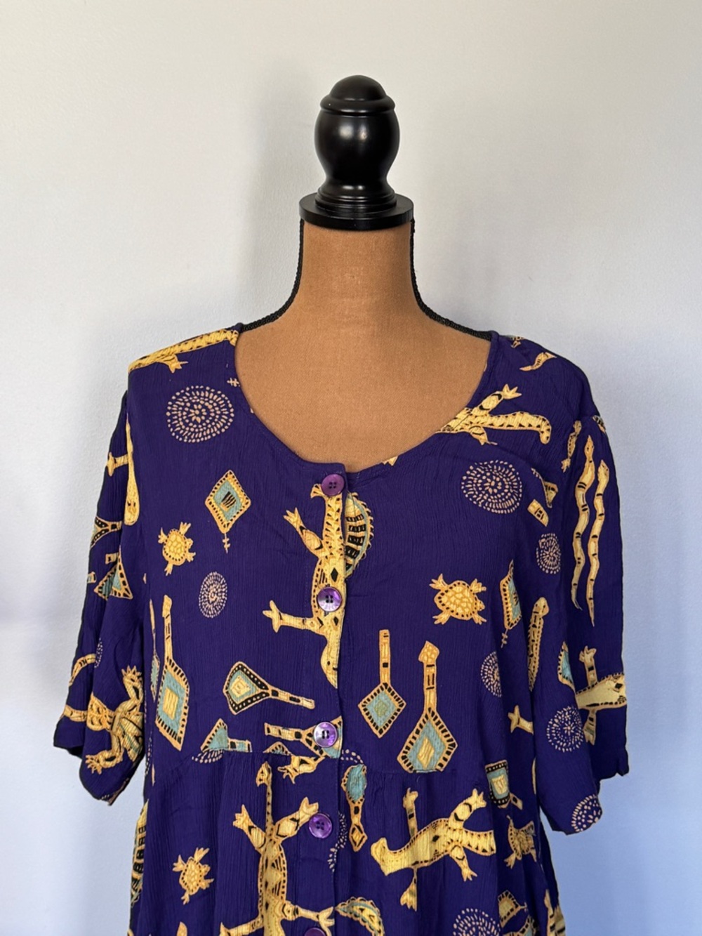 Vintage Breezy Summer Purple Abstract Block Print button Front Shirt Dress S-XL